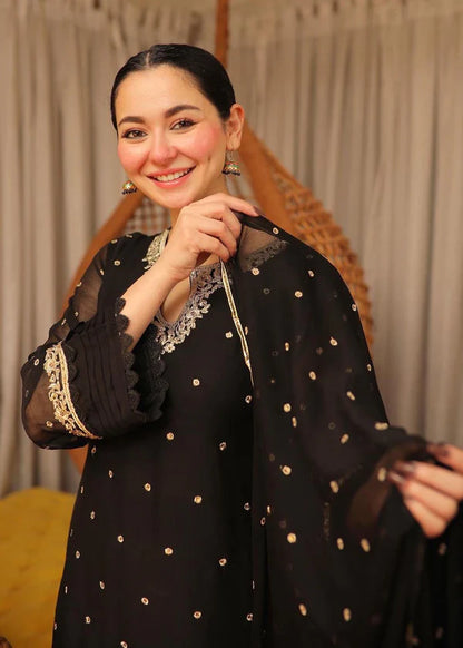 SAJAL BLACK Luxury classy style Chiffon 3 piece ready to wear traditional embroidered asian suit stylish womenswear outfit - Shirt Length 39”-40”