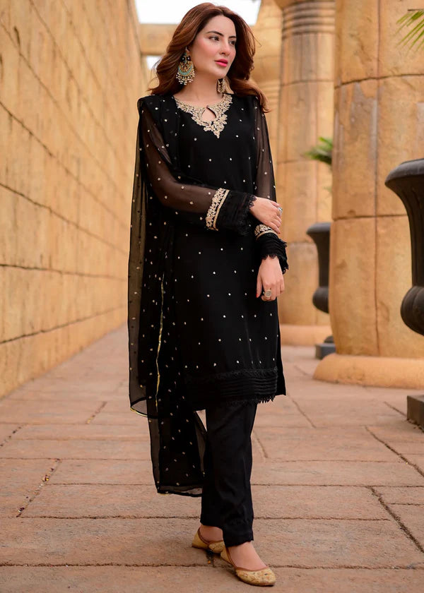 SAJAL BLACK Luxury classy style Chiffon 3 piece ready to wear traditional embroidered asian suit stylish womenswear outfit - Shirt Length 39”-40”