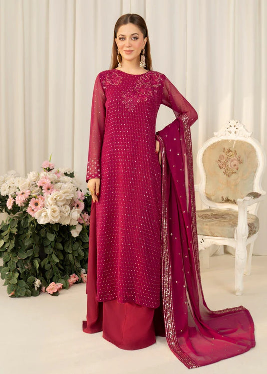 ROSY PINK Luxury Chiffon traditional embroidered 3 piece ready to wear suit womenswear