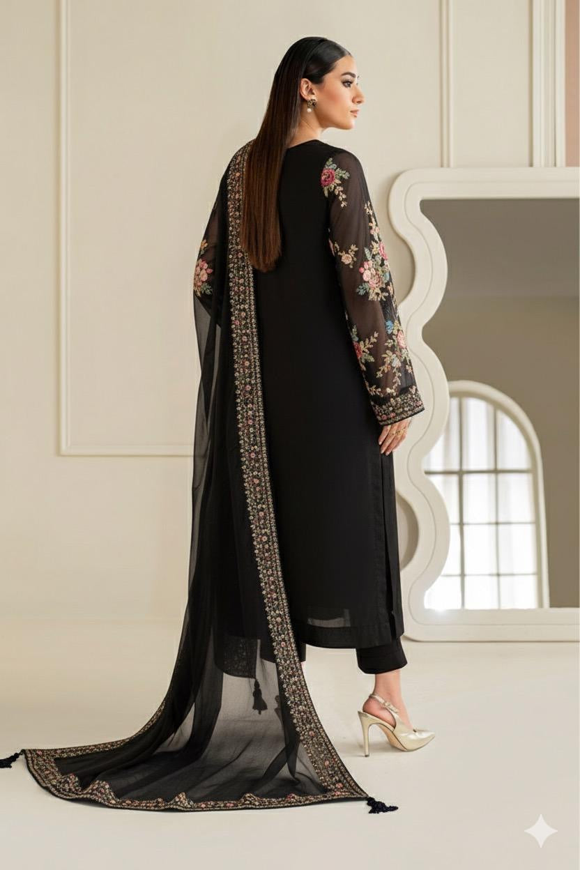 Humara Luxury BLACK classy Chiffon Heavy embroidered Neckline 3 piece ready to wear traditional embroidered asian stylish womenswear outfit - (Watch video)