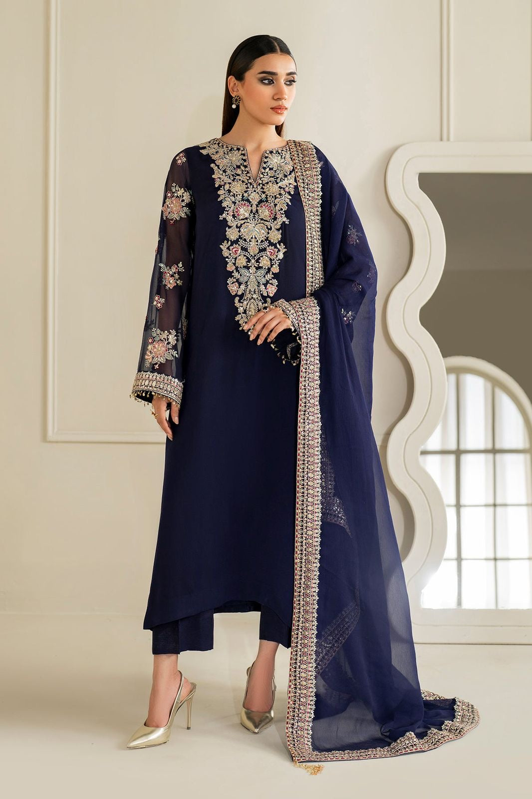 Robina Luxury Blue classy Chiffon Heavy embroidered Neckline 3 piece ready to wear traditional embroidered asian stylish womenswear outfit - Watch video