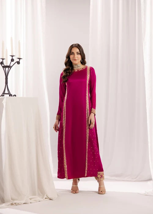 ALYSSA Luxury Magenta Embroidered Silk Long Kurta Suit Ready to Wear Pakistani Festive Party Wear Women's Outfit
