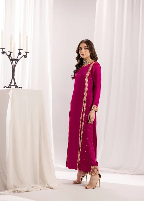 ALYSSA Luxury Magenta Embroidered Silk Long Kurta Suit Ready to Wear Pakistani Festive Party Wear Women's Outfit