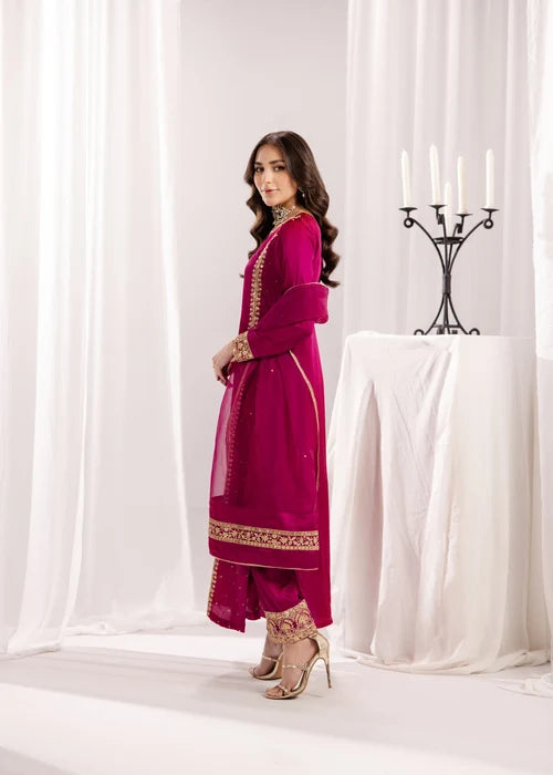 ALYSSA Luxury Magenta Embroidered Silk Long Kurta Suit Ready to Wear Pakistani Festive Party Wear Women's Outfit