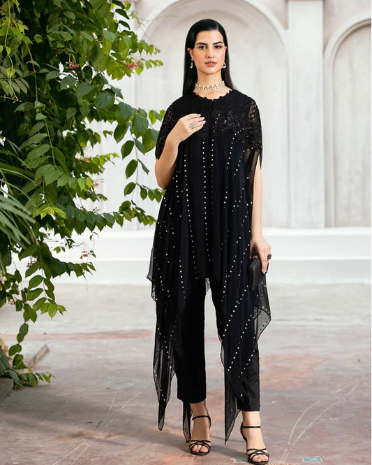 Black Swan Hand Embellished Chiffon Cape style womenwear - Ready to wear