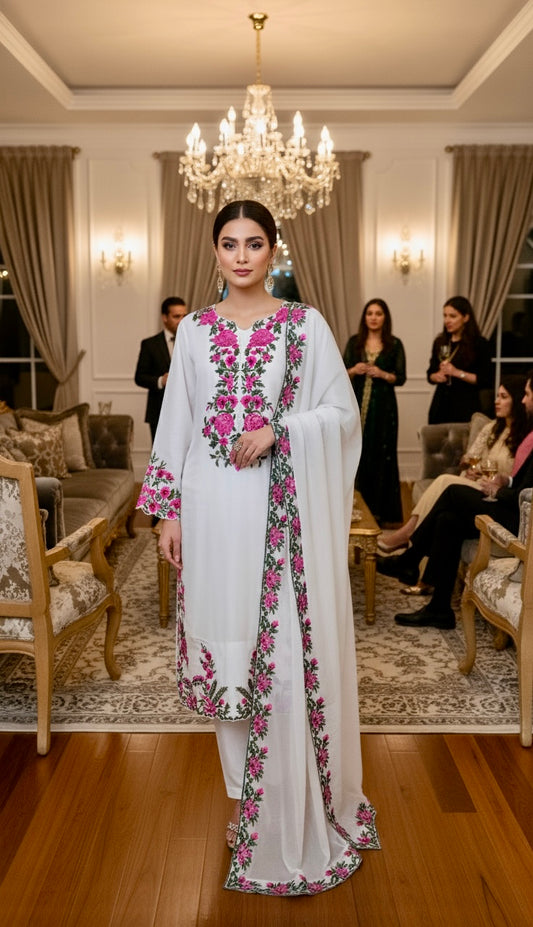 Zimal Multicolour thread embroidered Shirt front Chiffon 3 piece ready to wear traditional suit with thread embroidered Duppatta