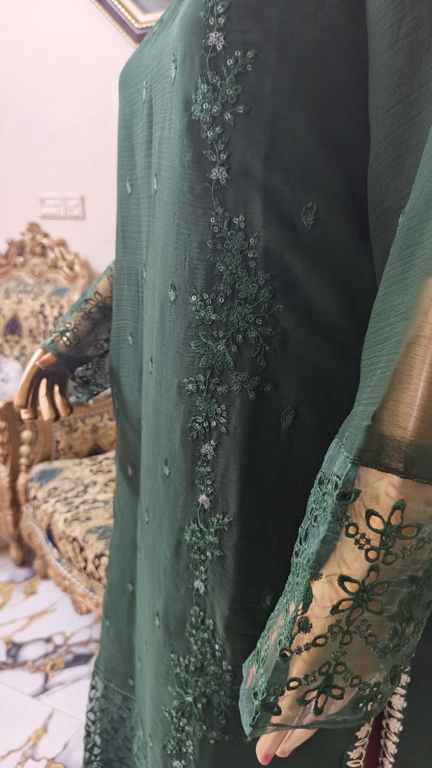 PRL GREEN Chiffon 3 piece ready to wear traditional suit - women wear - embroidered shirt & Duppatta - Katan Silk Trouser