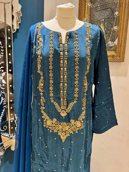 Bluey Silk 3 piece ready to wear traditional handwork stylish womenswear outfit