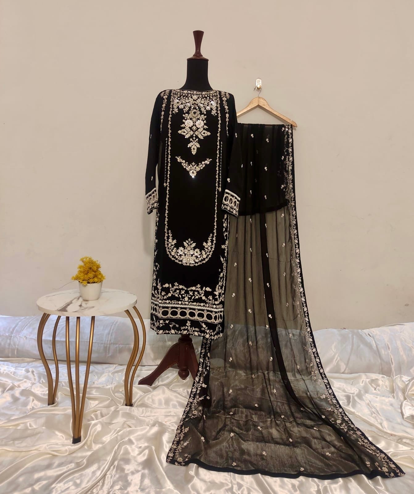 AREEBA Heavy Handwork Shirt front Neck Chiffon 3 piece ready to wear traditional suit
