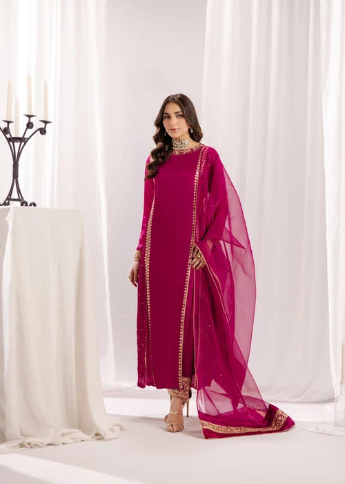 ASIYA Luxury Magenta Embroidered Silk Long Kurta Suit Ready to Wear Pakistani Festive Party Wear Women's Outfit