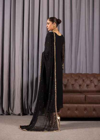 ALYSSA Luxury Jet Black Adda Work Bemberg Crinkle Chiffon A-Line Kurta Suit Ready to Wear Pakistani Festive Party Wear Women's Outfit