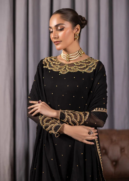 ALYSSA Luxury Jet Black Adda Work Bemberg Crinkle Chiffon A-Line Kurta Suit Ready to Wear Pakistani Festive Party Wear Women's Outfit