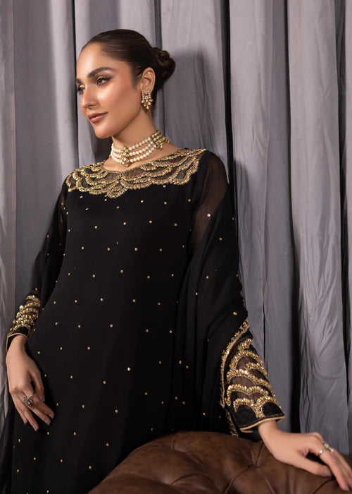 ALYSSA Luxury Jet Black Adda Work Bemberg Crinkle Chiffon A-Line Kurta Suit Ready to Wear Pakistani Festive Party Wear Women's Outfit