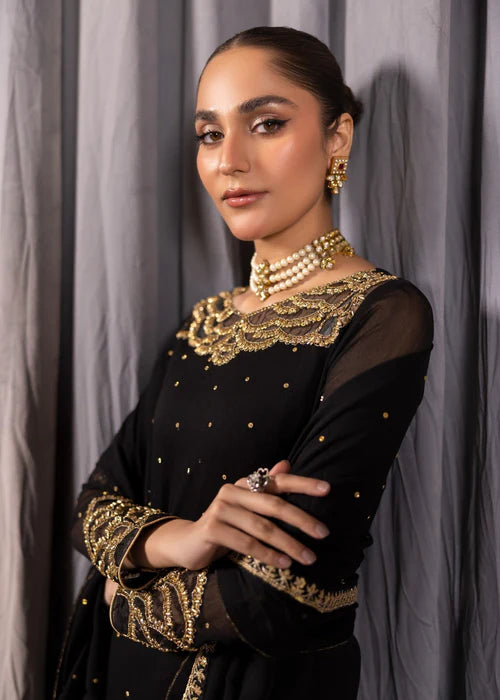 ALYSSA Luxury Jet Black Adda Work Bemberg Crinkle Chiffon A-Line Kurta Suit Ready to Wear Pakistani Festive Party Wear Women's Outfit