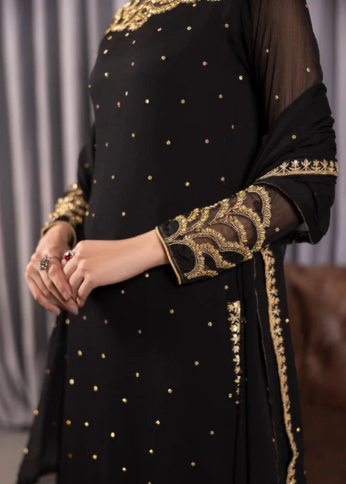 ALYSSA Luxury Jet Black Adda Work Bemberg Crinkle Chiffon A-Line Kurta Suit Ready to Wear Pakistani Festive Party Wear Women's Outfit