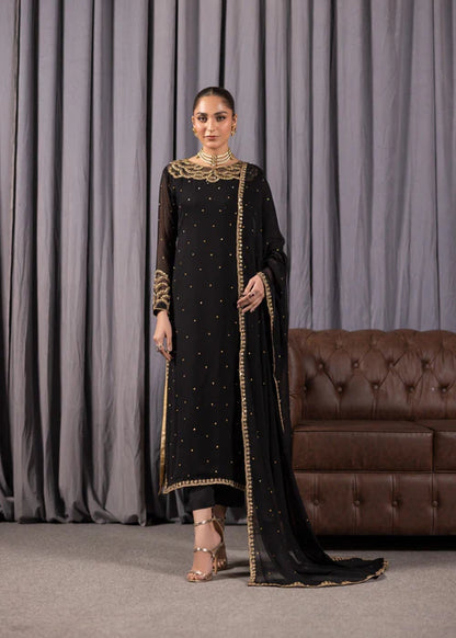 ALYSSA Luxury Jet Black Adda Work Bemberg Crinkle Chiffon A-Line Kurta Suit Ready to Wear Pakistani Festive Party Wear Women's Outfit