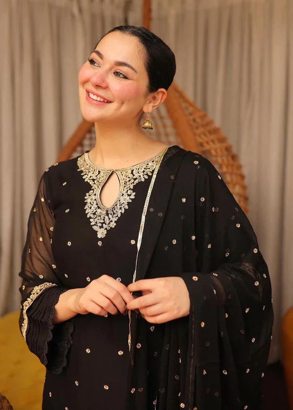 SAJAL BLACK Luxury classy style Chiffon 3 piece ready to wear traditional embroidered asian suit stylish womenswear outfit - Shirt Length 39”-40”