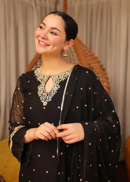 SAJAL BLACK Luxury classy style Chiffon 3 piece ready to wear traditional embroidered asian suit stylish womenswear outfit - Shirt Length 39”-40”