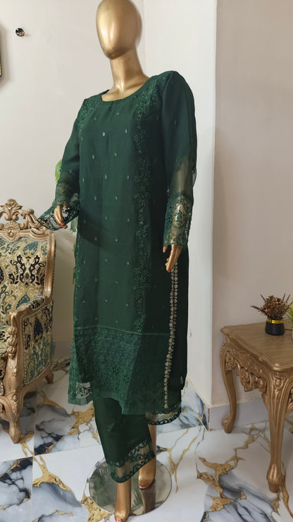 PRL GREEN Chiffon 3 piece ready to wear traditional suit - women wear - embroidered shirt & Duppatta - Katan Silk Trouser