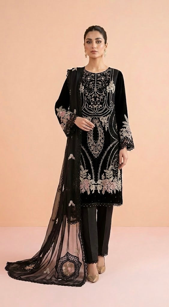 GULNOOR Luxury classy BLACK Chiffon 3D Heavy work 3 piece ready to wear traditional embroidered asian stylish womenswear outfit