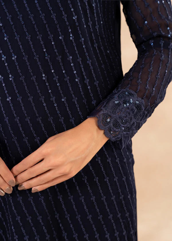 MYRA luxury NAVY Blue chiffon Embroidered womenswear 3 piece ready to wear suit (Watch video)