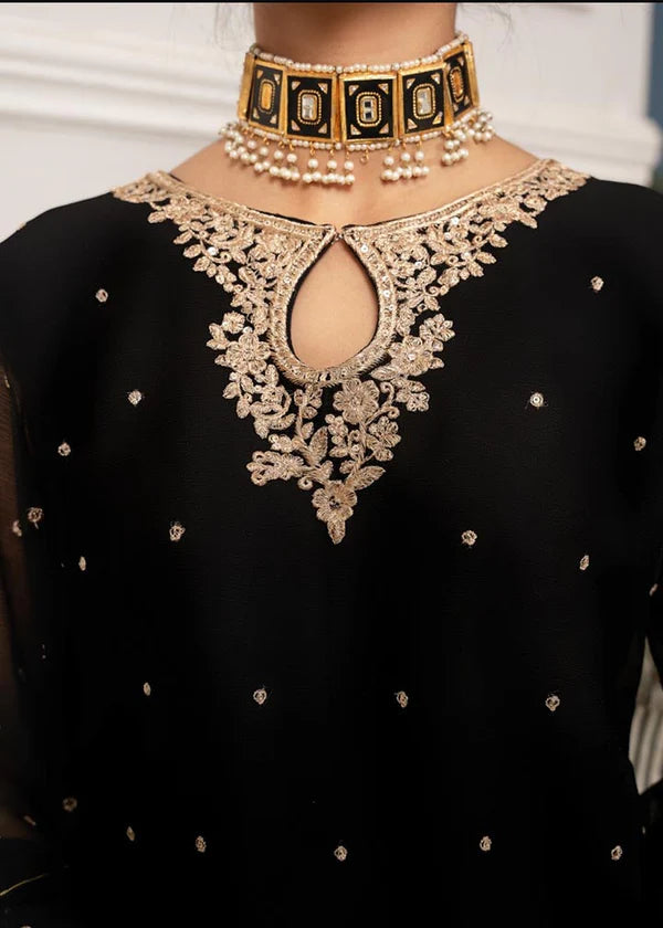SAJAL BLACK Luxury classy style Chiffon 3 piece ready to wear traditional embroidered asian suit stylish womenswear outfit - Shirt Length 39”-40”