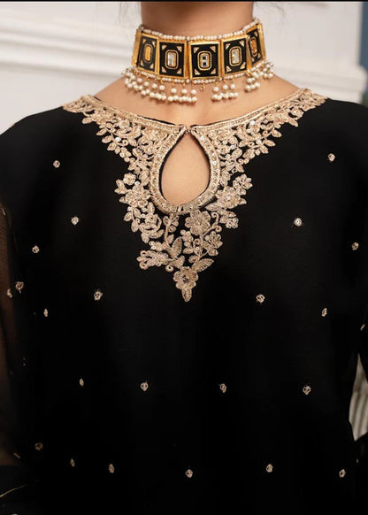 SAJAL BLACK Luxury classy style Chiffon 3 piece ready to wear traditional embroidered asian suit stylish womenswear outfit - Shirt Length 39”-40”