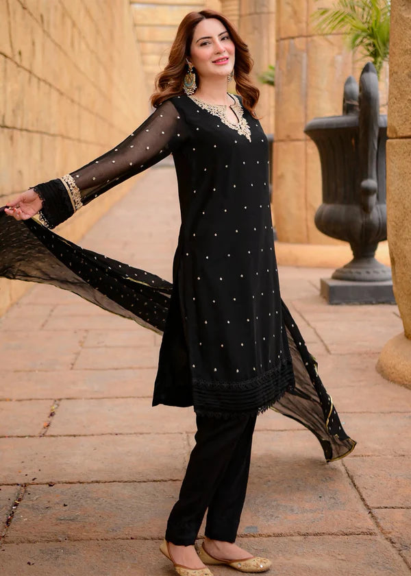 SAJAL BLACK Luxury classy style Chiffon 3 piece ready to wear traditional embroidered asian suit stylish womenswear outfit - Shirt Length 39”-40”