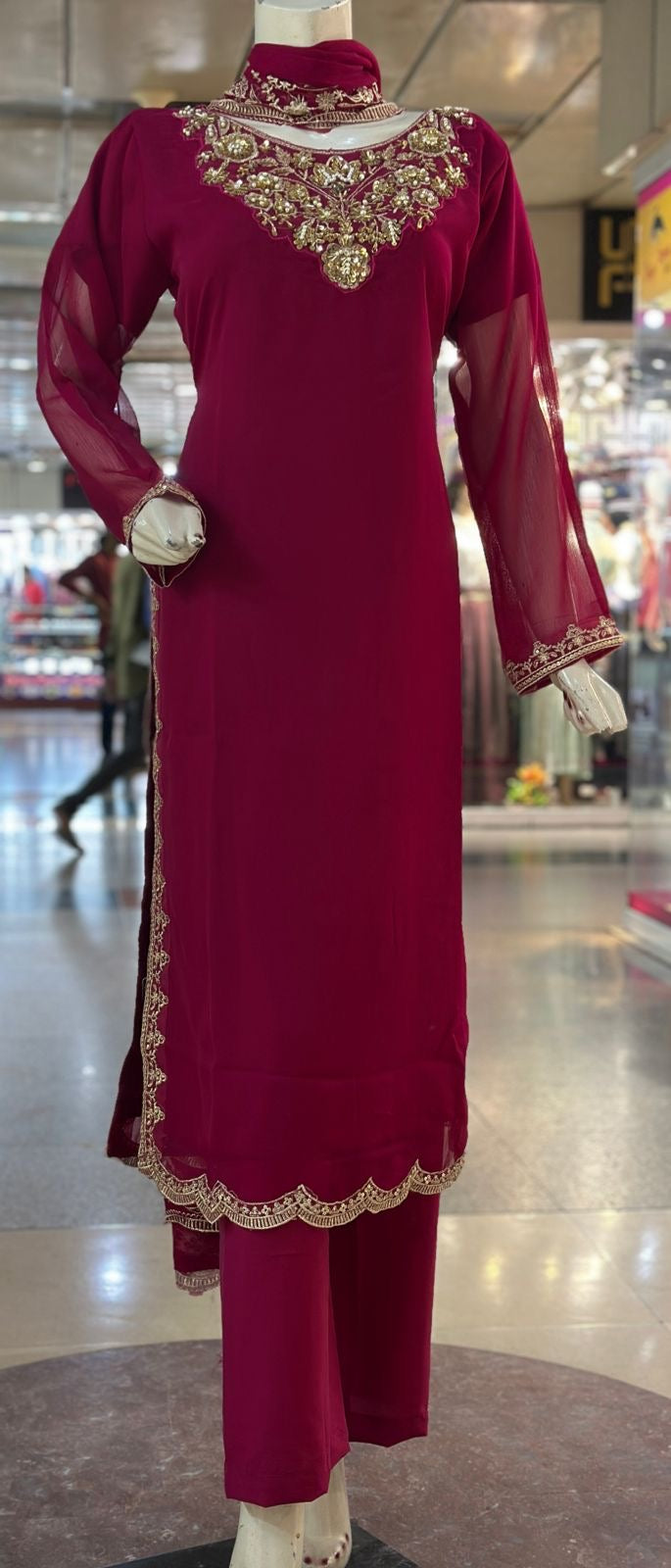 Queen Heavy Handwork Neck Chiffon 3 piece ready to wear traditional suit