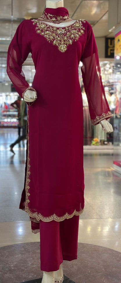 Queen Heavy Handwork Neck Chiffon 3 piece ready to wear traditional suit