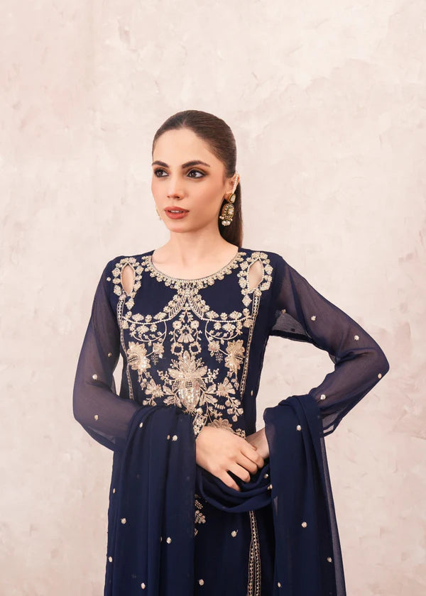 LULU (Blue) Slit style chiffon (watch video) Embroidered womenswear 3 piece ready to wear suit