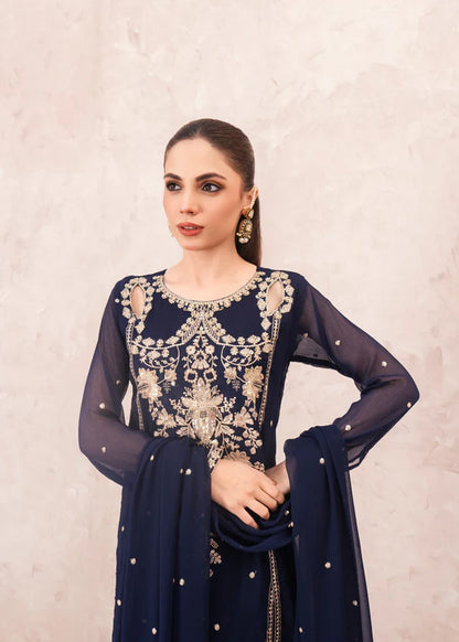 LULU (Blue) Slit style chiffon (watch video) Embroidered womenswear 3 piece ready to wear suit