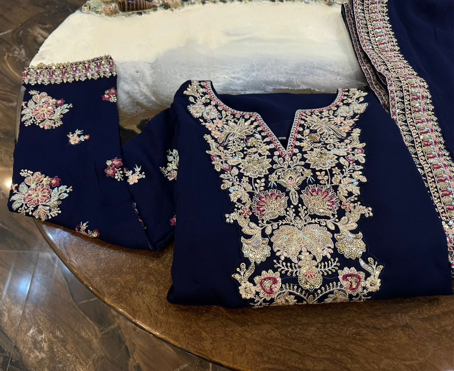 Robina Luxury Blue classy Chiffon Heavy embroidered Neckline 3 piece ready to wear traditional embroidered asian stylish womenswear outfit - Watch video
