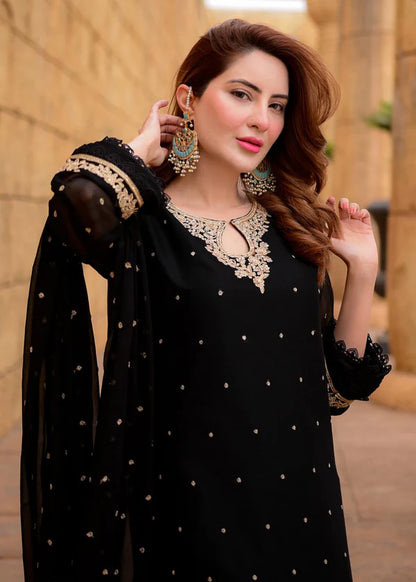 SAJAL BLACK Luxury classy style Chiffon 3 piece ready to wear traditional embroidered asian suit stylish womenswear outfit - Shirt Length 39”-40”