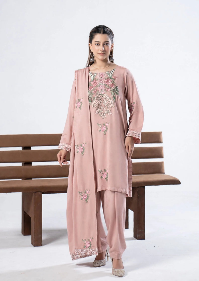 Gulbano Tea Pink Alpine Marina Floral Embroidered Winter Kurta Shalwar Suit With Shawl Ready to Wear Pakistani Women's Outfit