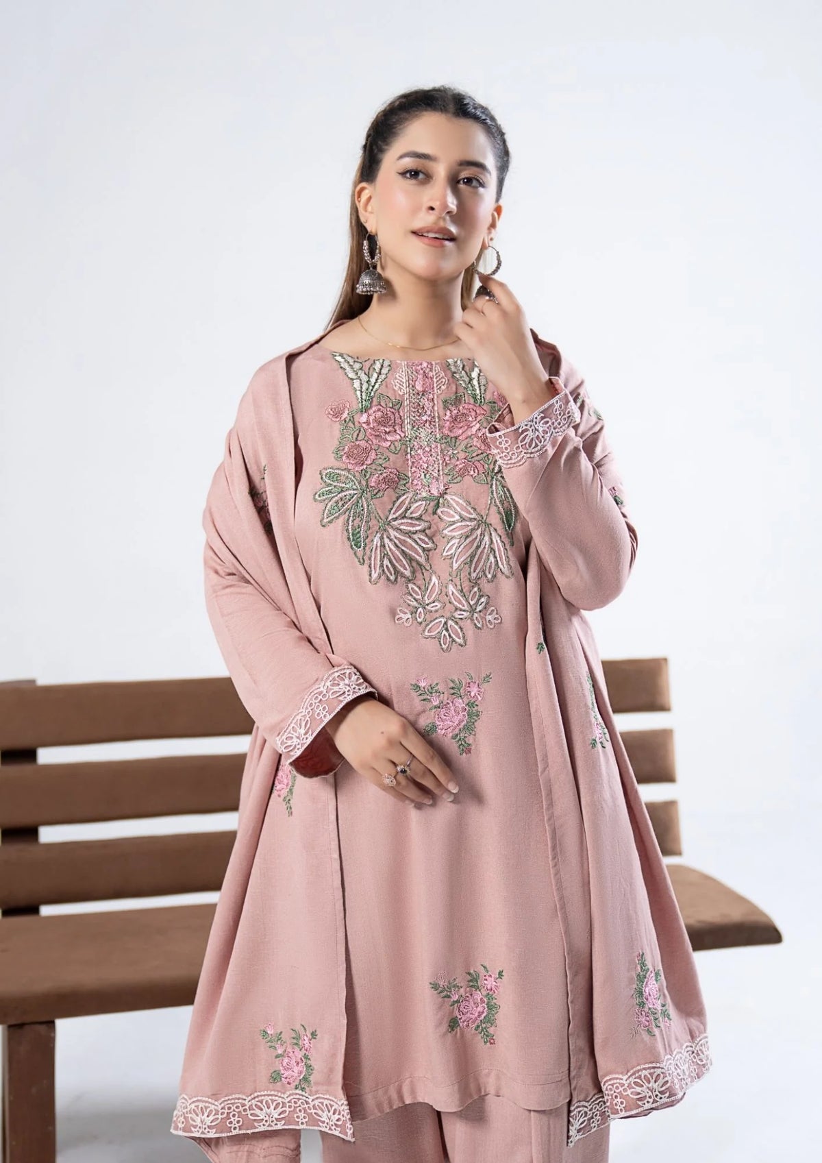 Gulbano Tea Pink Alpine Marina Floral Embroidered Winter Kurta Shalwar Suit With Shawl Ready to Wear Pakistani Women's Outfit