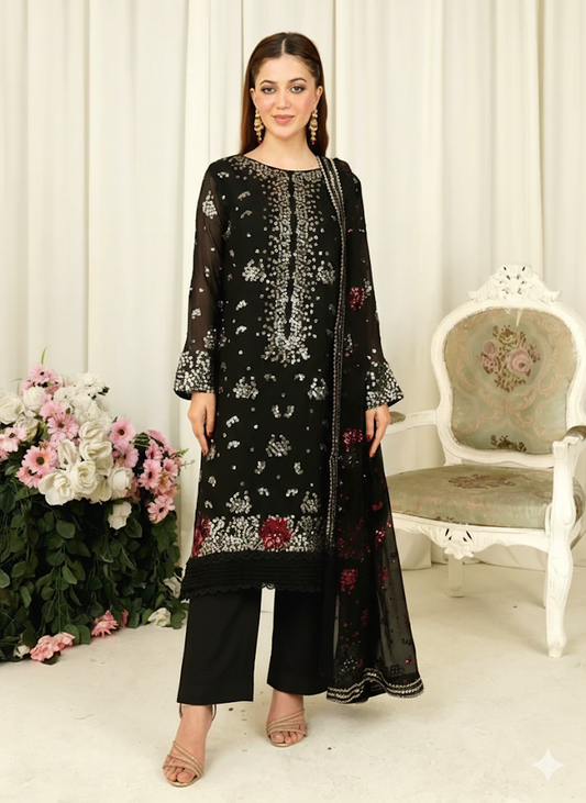 Guncha Luxury chiffon Embroidered womenswear 3 piece ready to wear suit (Black)