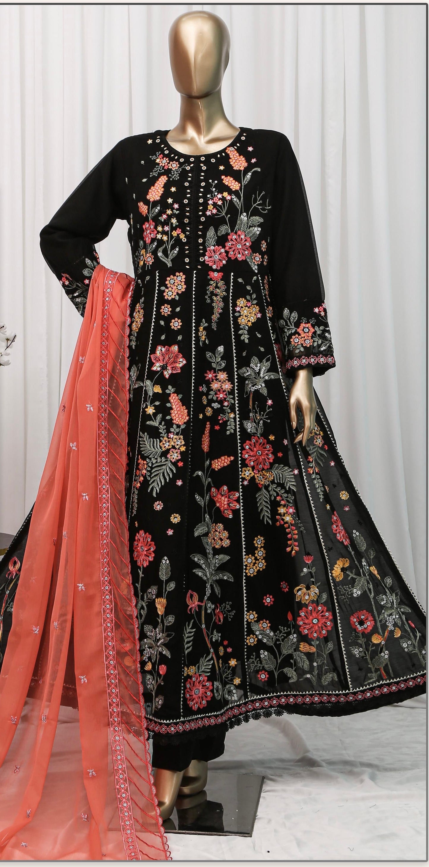 Bina Black Chiffon heavy embroidered Maxi 3 piece ready to wear traditional womenswear outfit