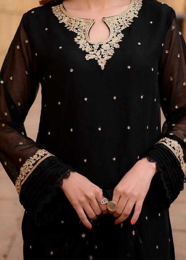 SAJAL BLACK Luxury classy style Chiffon 3 piece ready to wear traditional embroidered asian suit stylish womenswear outfit - Shirt Length 39”-40”