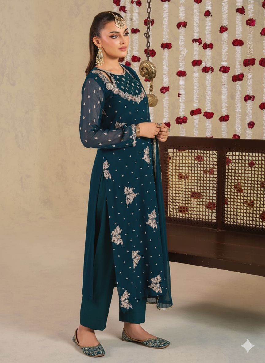 HUNOON luxury chiffon Embroidered womenswear 3 piece ready to wear suit (Watch video)