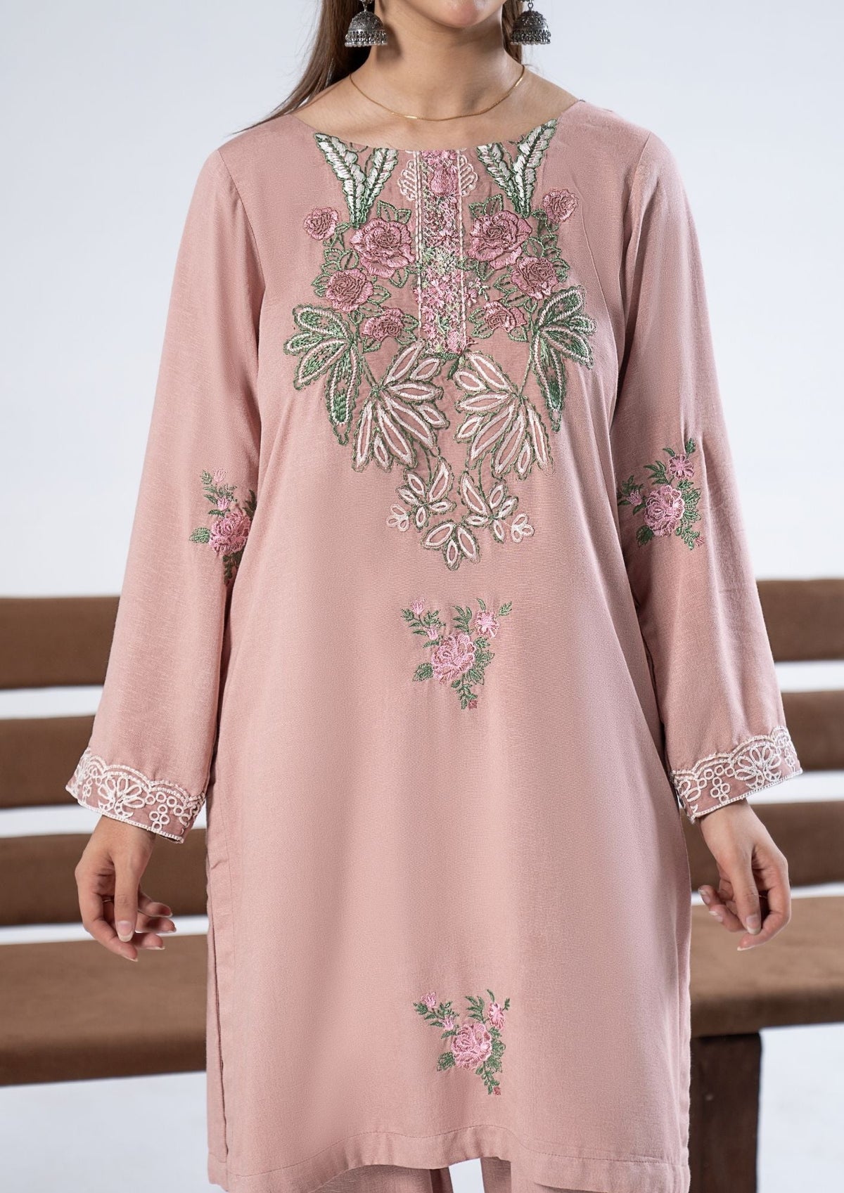 Gulbano Tea Pink Alpine Marina Floral Embroidered Winter Kurta Shalwar Suit With Shawl Ready to Wear Pakistani Women's Outfit
