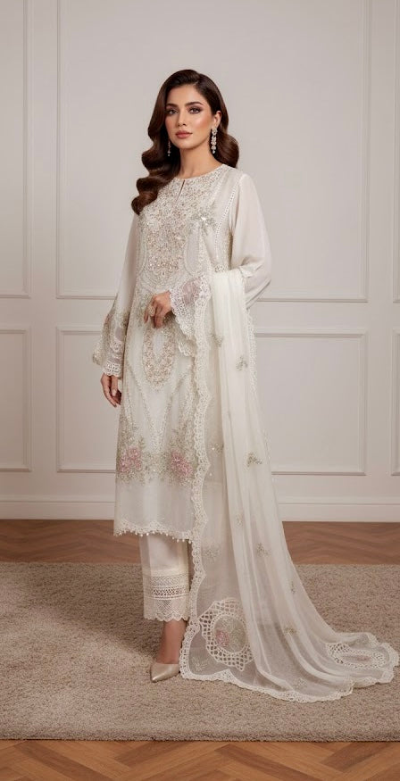 NOOR JAHAN Luxury classy Chiffon 3D Heavy work 3 piece ready to wear traditional embroidered asian stylish womenswear outfit - (Watch video)