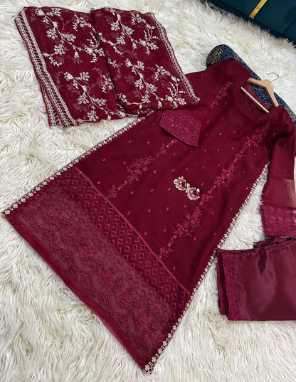PRL RED Chiffon 3 piece ready to wear traditional suit - women wear - embroidered shirt & Duppatta - Katan Silk Trouser