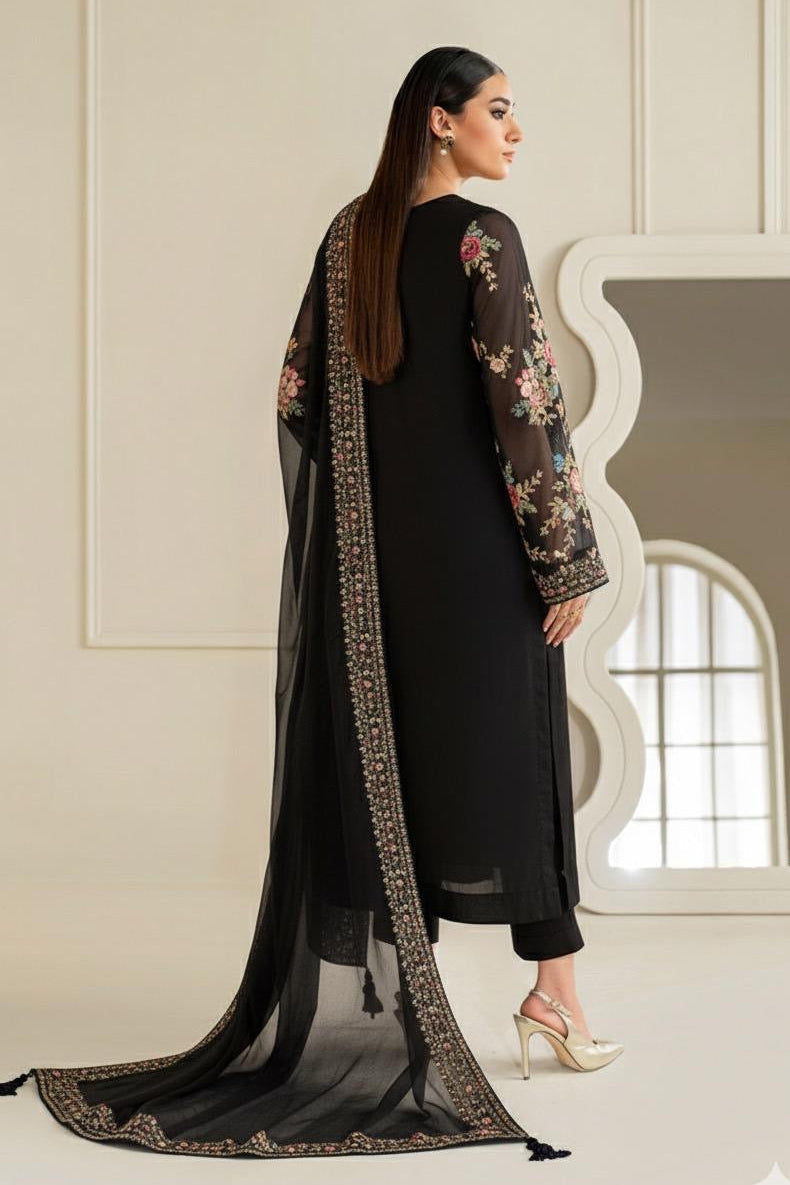 Humara Luxury BLACK classy Chiffon Heavy embroidered Neckline 3 piece ready to wear traditional embroidered asian stylish womenswear outfit - (Watch video)