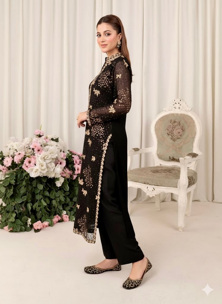 FARI Heavy sequence Luxury chiffon Embroidered womenswear 3 piece ready to wear suit (Black)