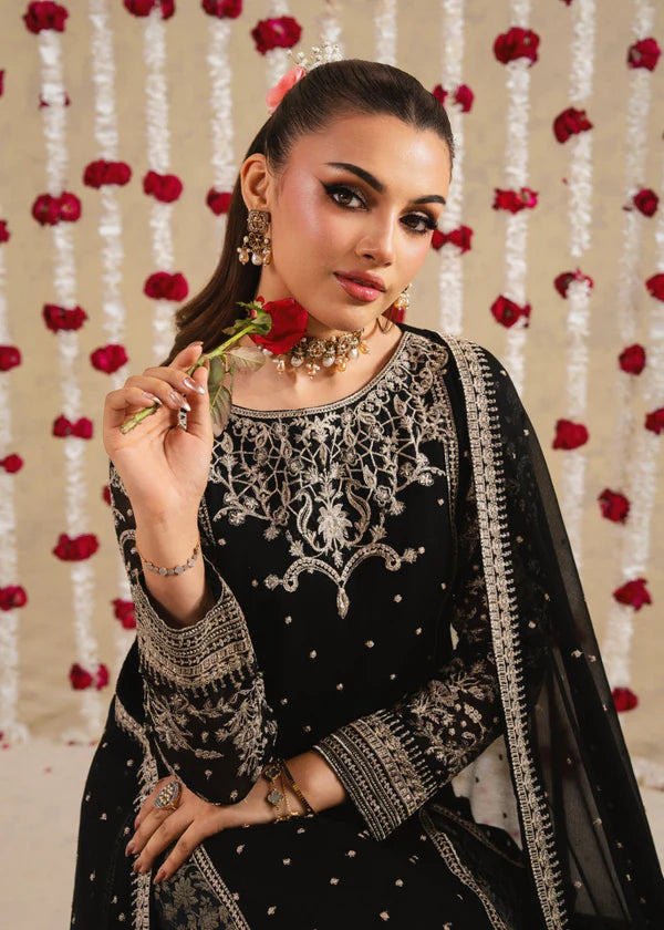 SHAHBANO Slit style chiffon (Black) (watch video)Embroidered womenswear 3 piece ready to wear suit