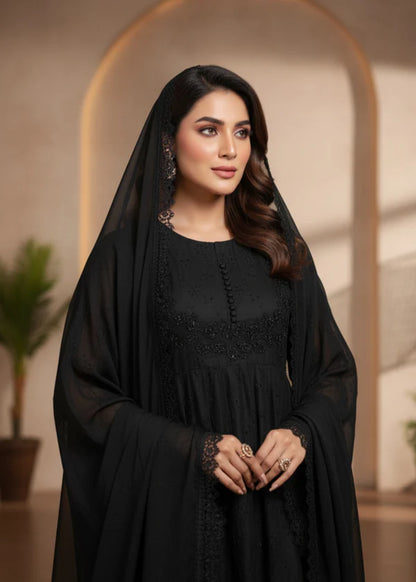 SHABNOOR 3-PIECE LAYERED CHIKANKARI Chiffon FROCK BLACK Luxury classy style 3 piece ready to wear traditional embroidered asian suit stylish womenswear outfit