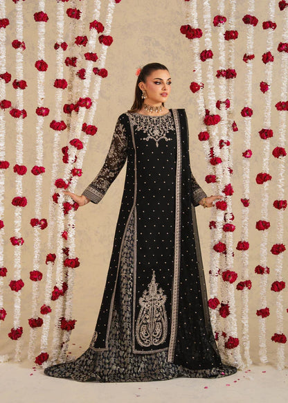 SHAHBANO Slit style chiffon (Black) (watch video)Embroidered womenswear 3 piece ready to wear suit