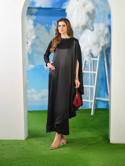 ANNIE Luxury Black Crinkle Silk Cape 2 piece ready to wear Stylish embroidered modern western eastern womenswear outfit