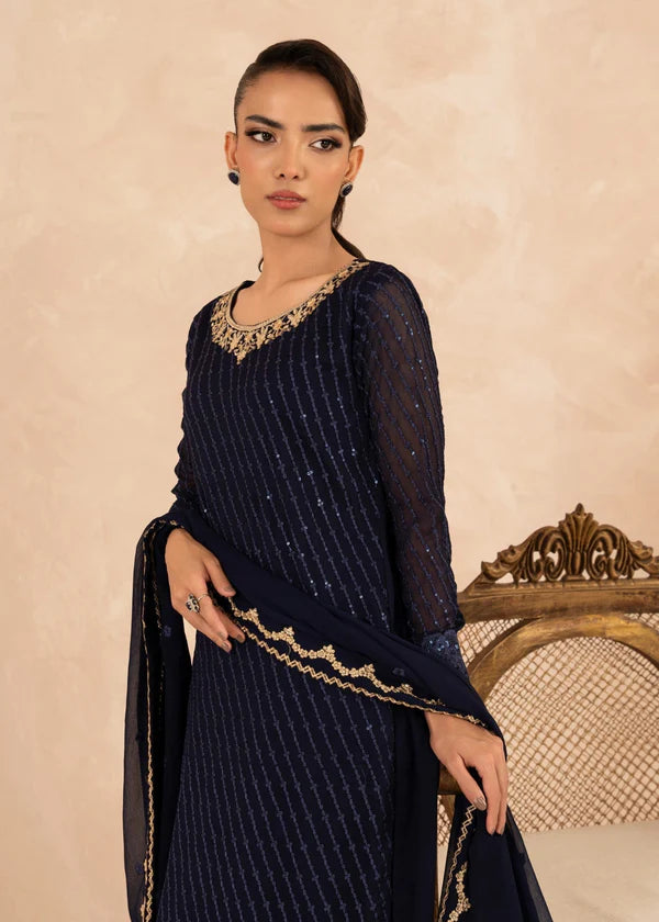 MYRA luxury NAVY Blue chiffon Embroidered womenswear 3 piece ready to wear suit (Watch video)